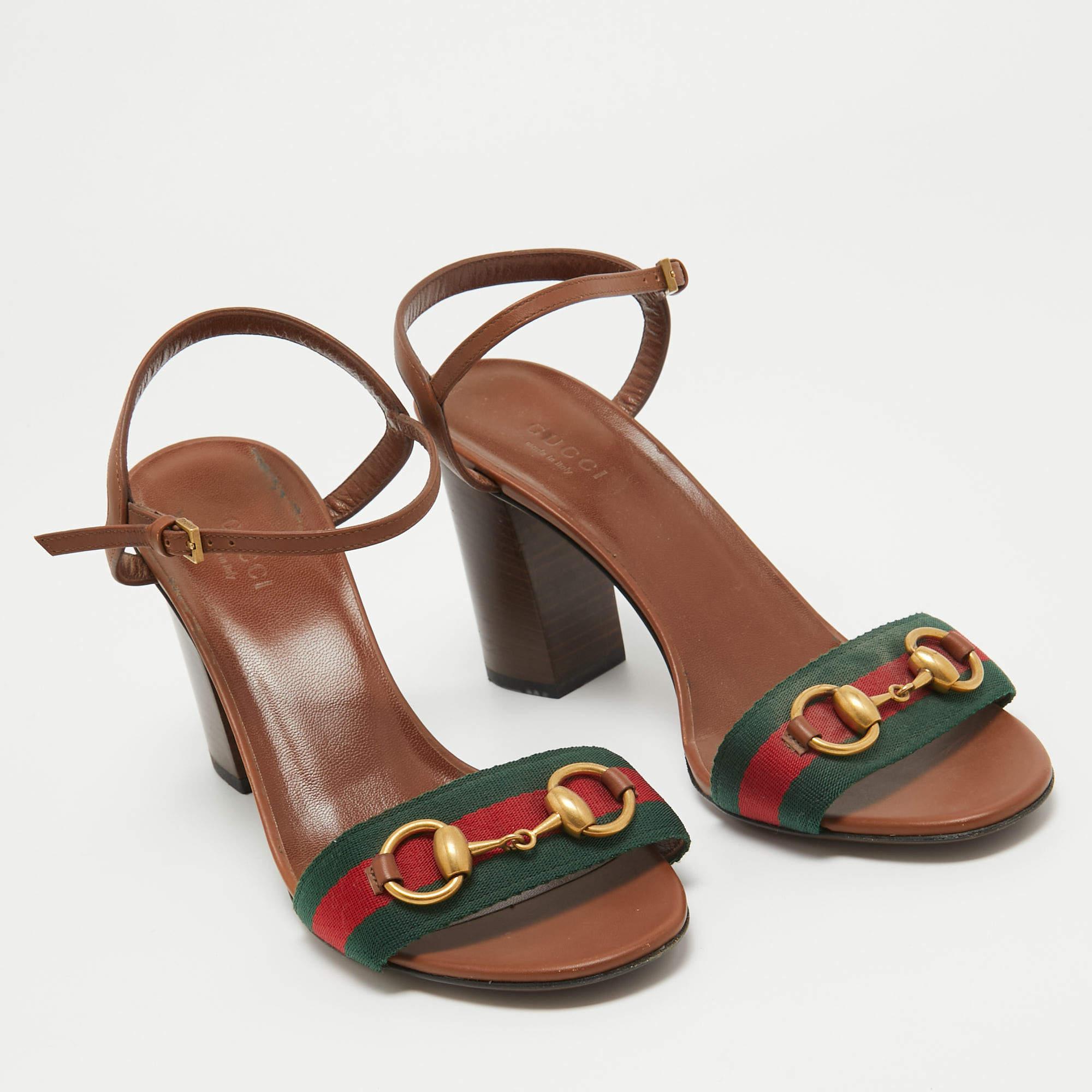 Women's Gucci Brown Leather Web Horsebit Ankle Strap Sandals Size 38.5