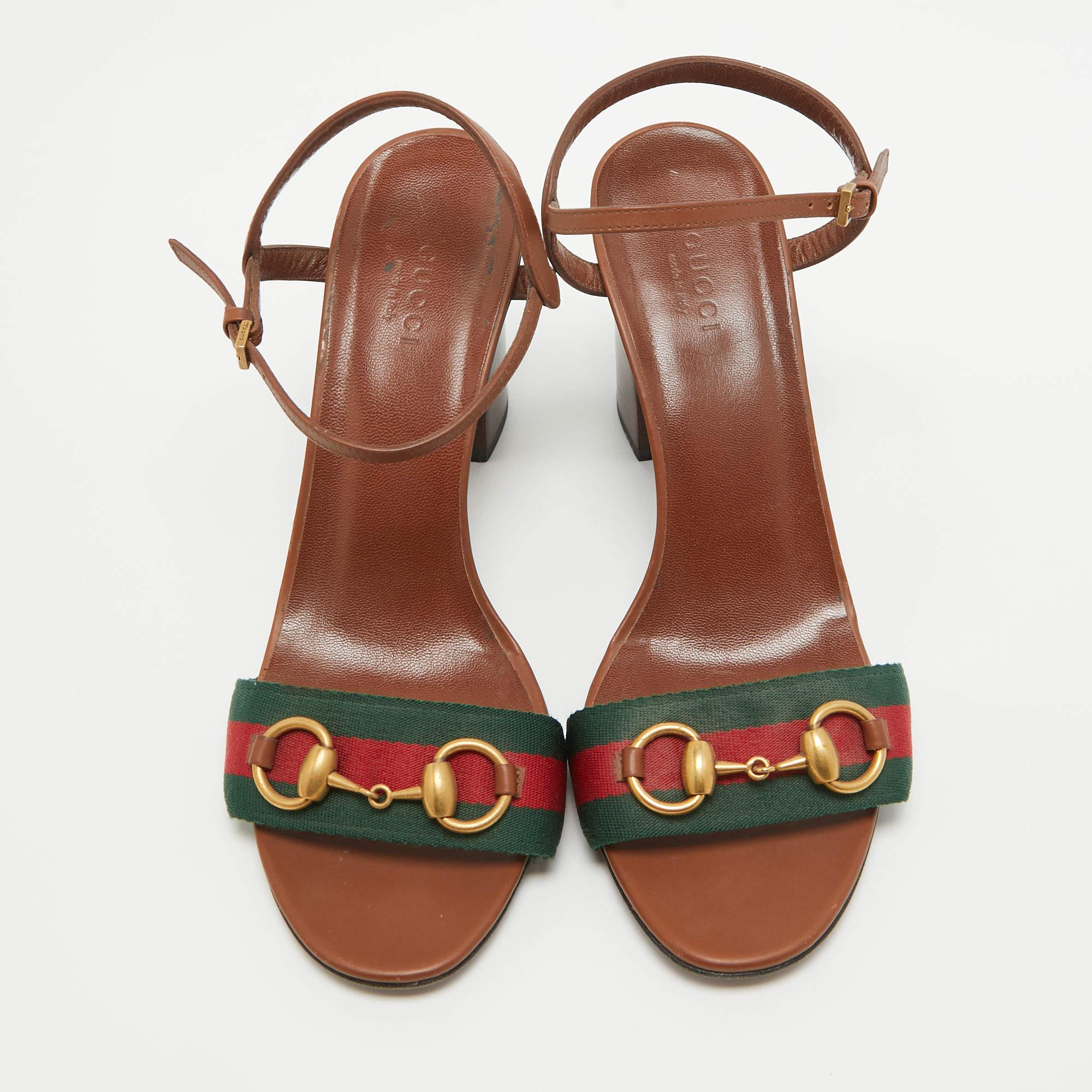 Gucci Brown Leather Web Horsebit Ankle Strap Sandals Size 38.5 2
