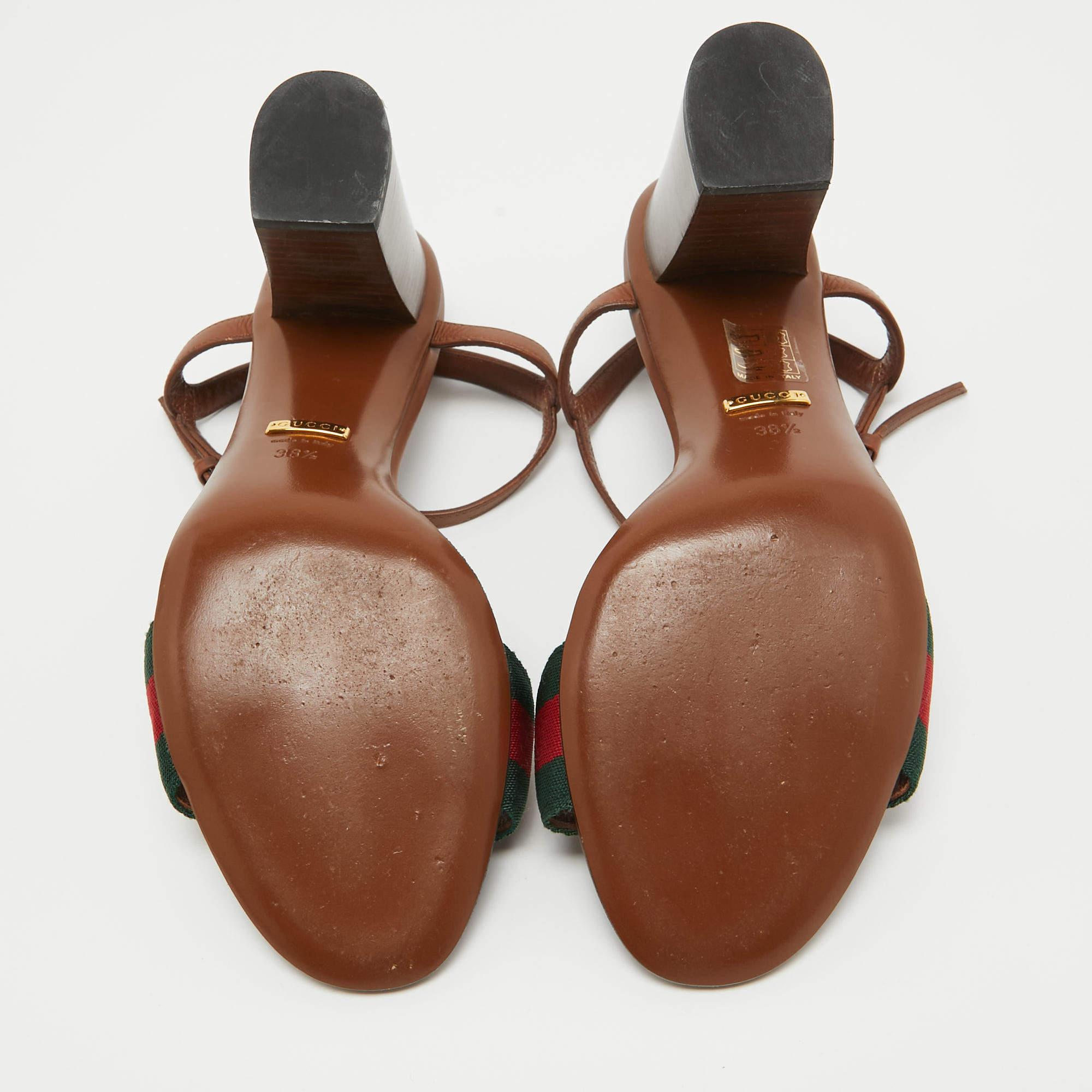 Gucci Brown Leather Web Horsebit Ankle Strap Sandals Size 38.5 4
