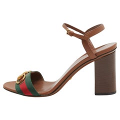 Vintage Gucci Brown Leather Web Horsebit Ankle Strap Sandals Size 38.5