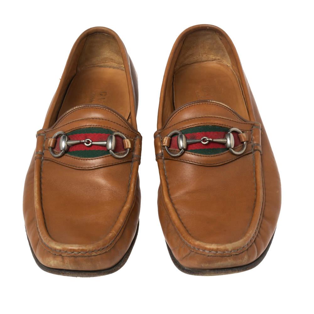 Gucci Brown Leather Web Horsebit Loafers Size 41.5 In Good Condition In Dubai, Al Qouz 2