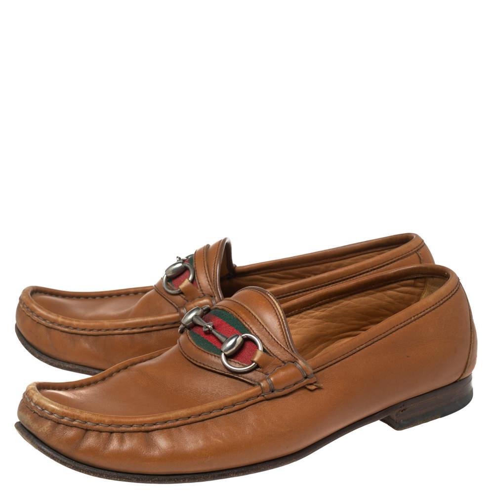 Men's Gucci Brown Leather Web Horsebit Loafers Size 41.5