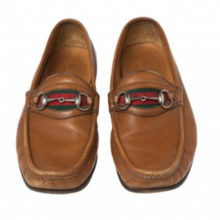Gucci Mocassins en cuir marron à mors en toile Taille 41.5 en vente 1