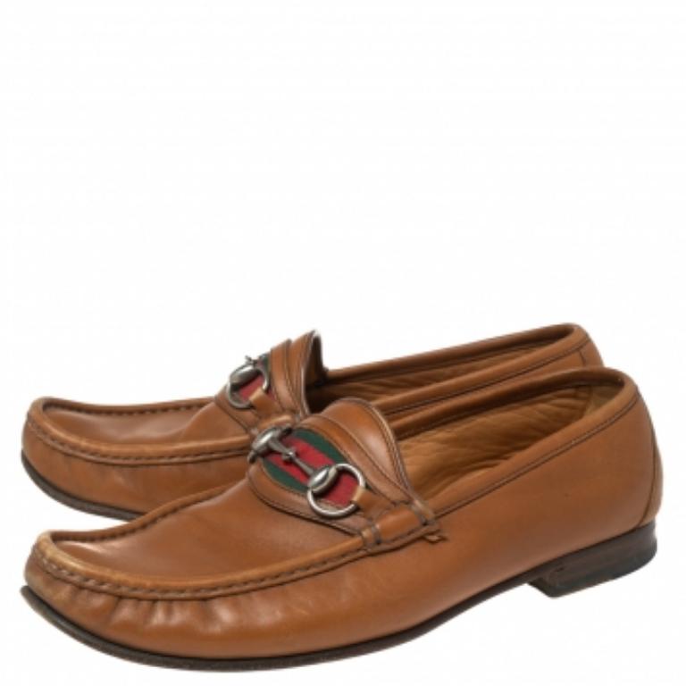 Gucci Mocassins en cuir marron à mors en toile Taille 41.5 en vente 3