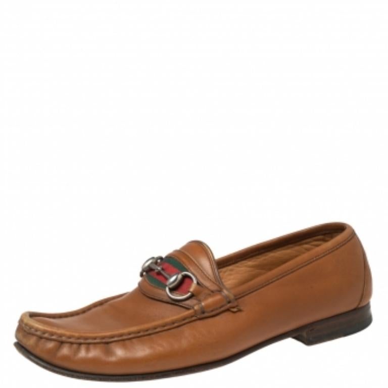 Gucci Mocassins en cuir marron à mors en toile Taille 41.5 en vente 4