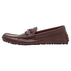 Used Gucci Brown Leather Web Horsebit Slip On Loafers Size 44