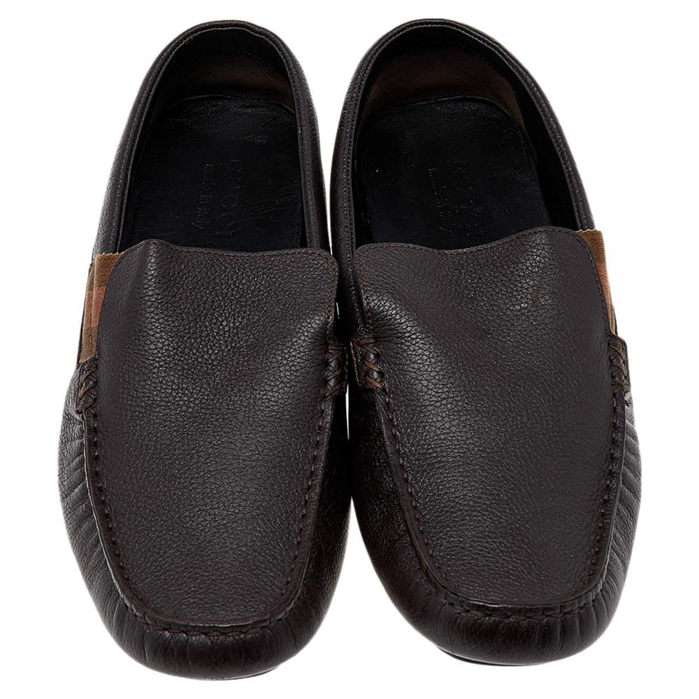 Men's Gucci Brown Leather Web Slip On Loafers Size 41.5 For Sale