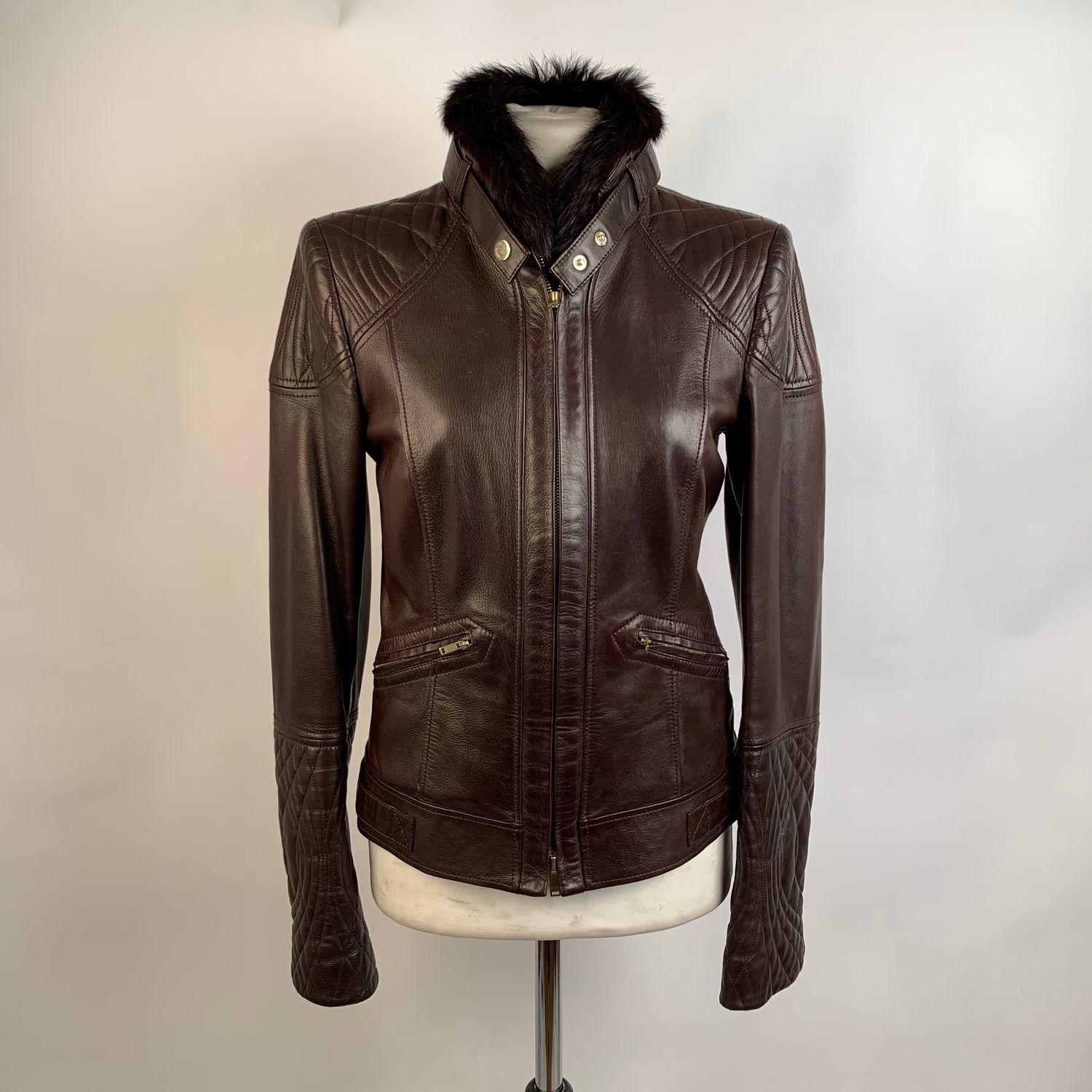 Black Gucci Brown Leather Women Biker Jacket Fur Collar Size 40