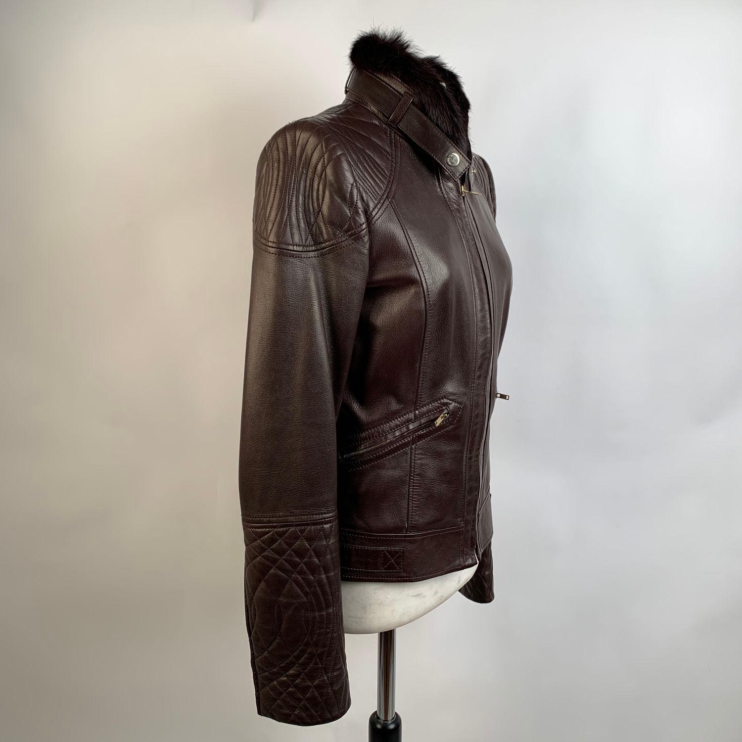 Gucci Brown Leather Women Biker Jacket Fur Collar Size 40 1