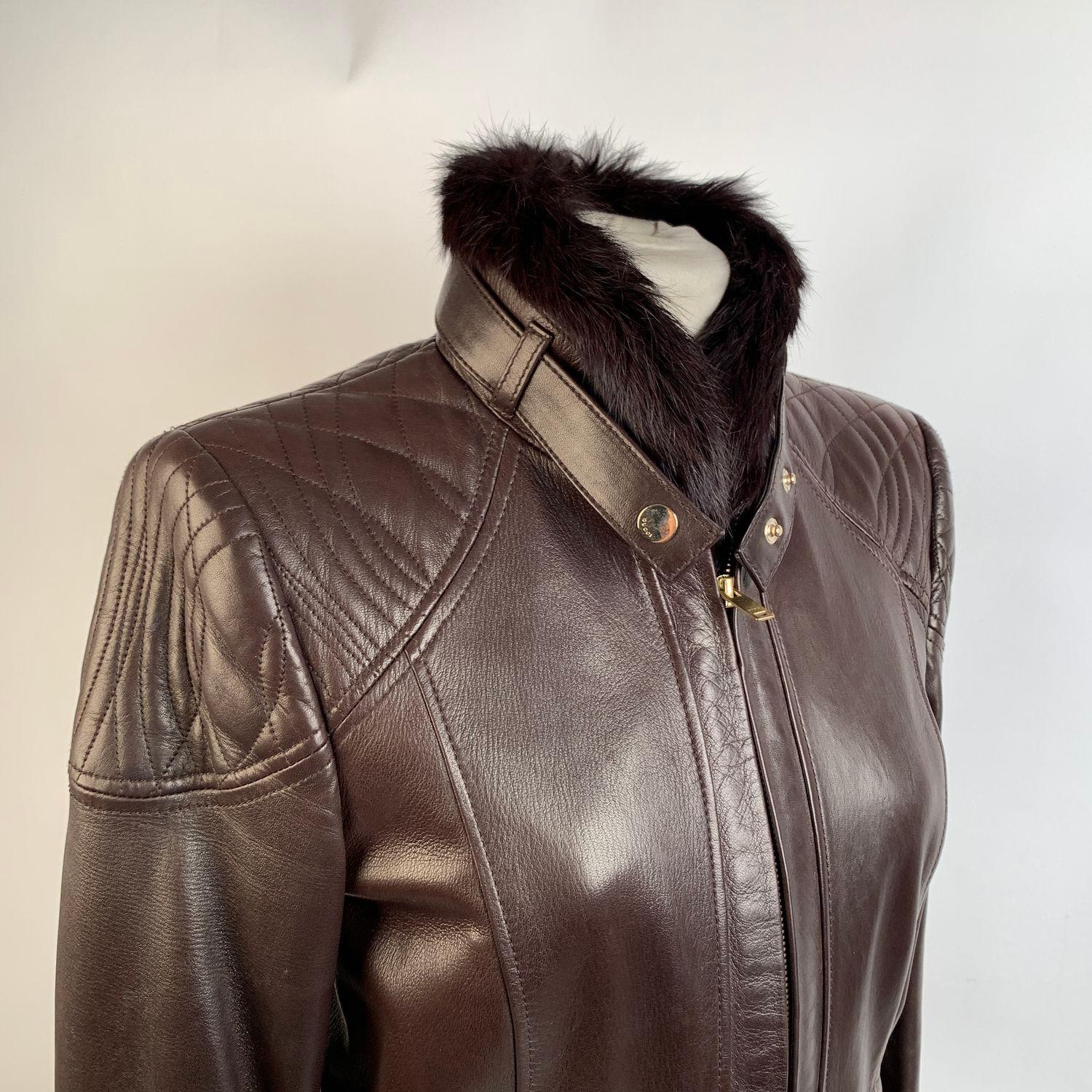 Gucci Brown Leather Women Biker Jacket Fur Collar Size 40 2