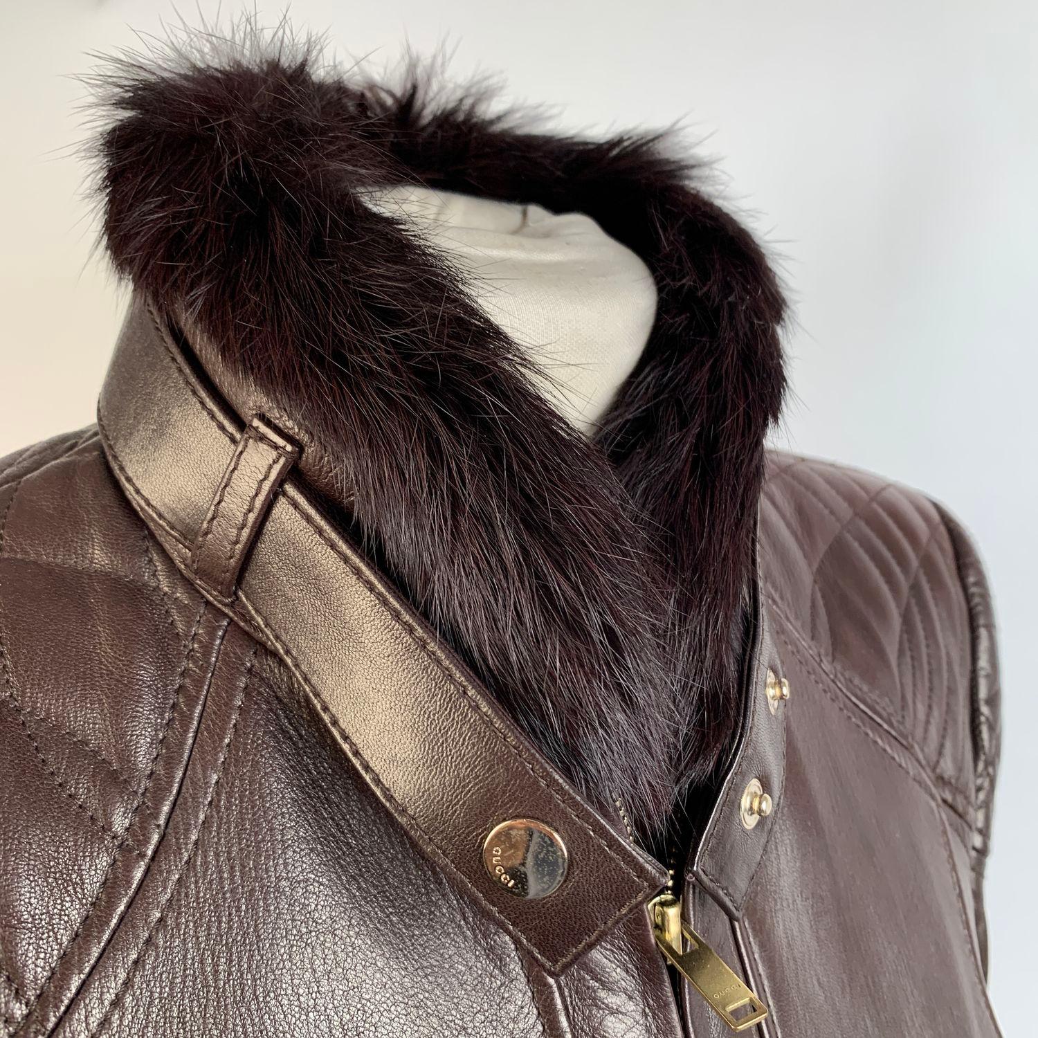 Gucci Brown Leather Women Biker Jacket Fur Collar Size 40 3