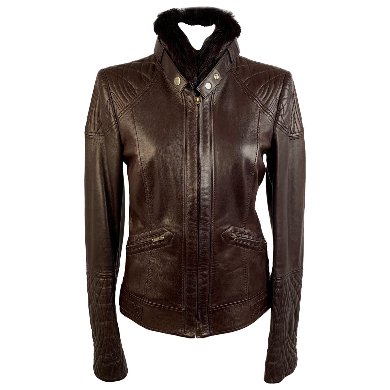 Gucci Brown Leather Women Biker Jacket Fur Collar Size 40