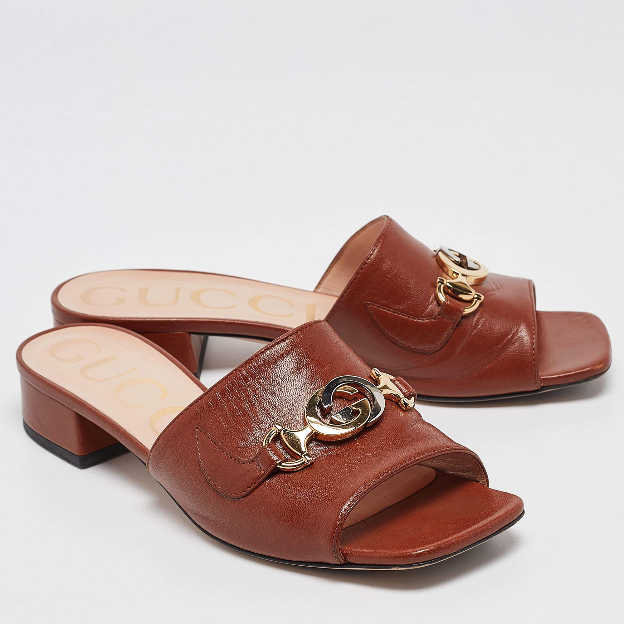 Women's Gucci Brown Leather Zumi Slide Sandals Size 36