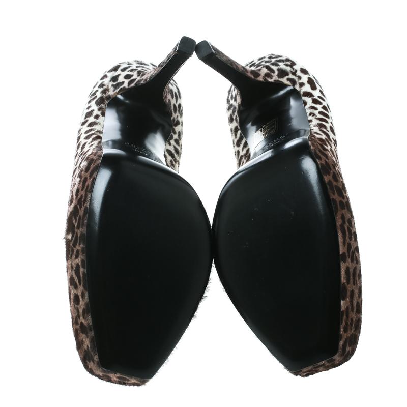 Black Gucci Brown Leopard Print Degradé Pony Hair Square Toe Platform Pumps Size 38.5 For Sale