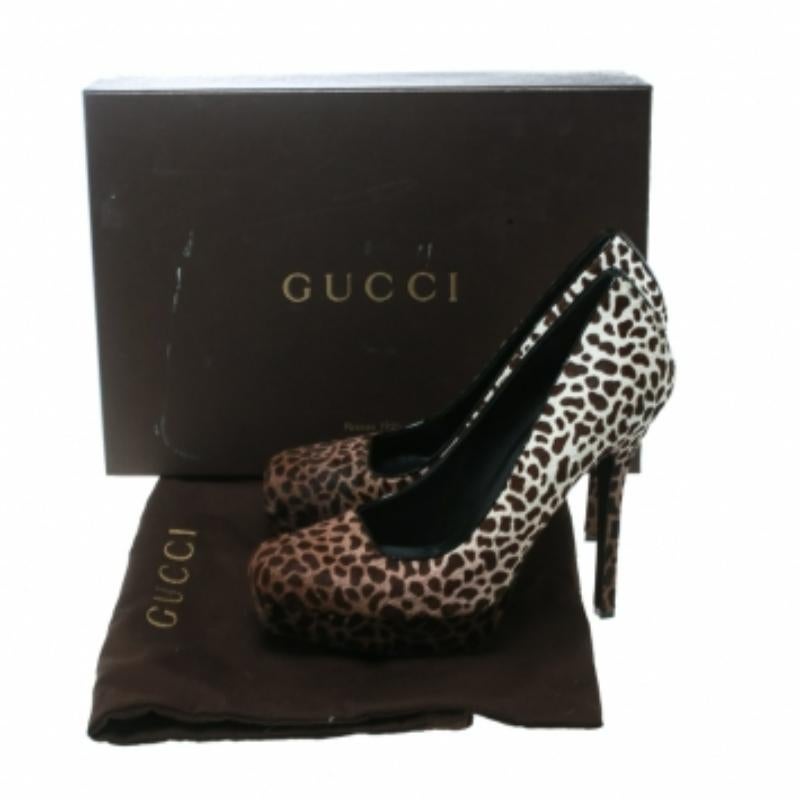 Gucci Brown Leopard Print Degradé Pony Hair Square Toe Platform Pumps Size 38.5 en vente 1