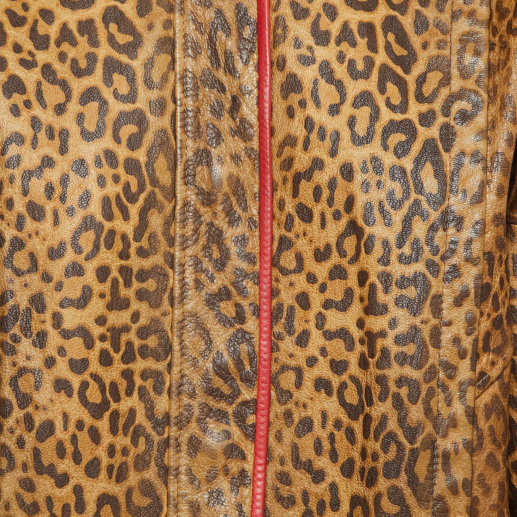 Gucci Brown Leopard Print Leather Jacket M In Good Condition In Dubai, Al Qouz 2