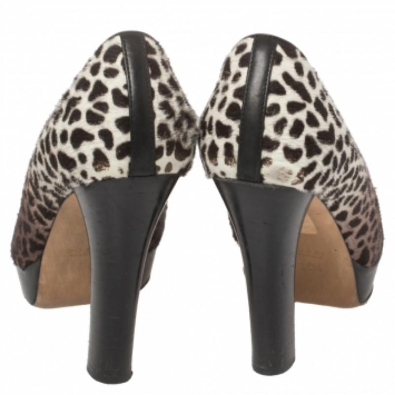 Black Gucci Brown Leopard Print Pony Hair Icon Bit Peep Toe Pumps Size 35.5 For Sale