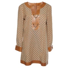 Gucci Brown Logo Linen Canvas & Leather Trim Mini Dress M