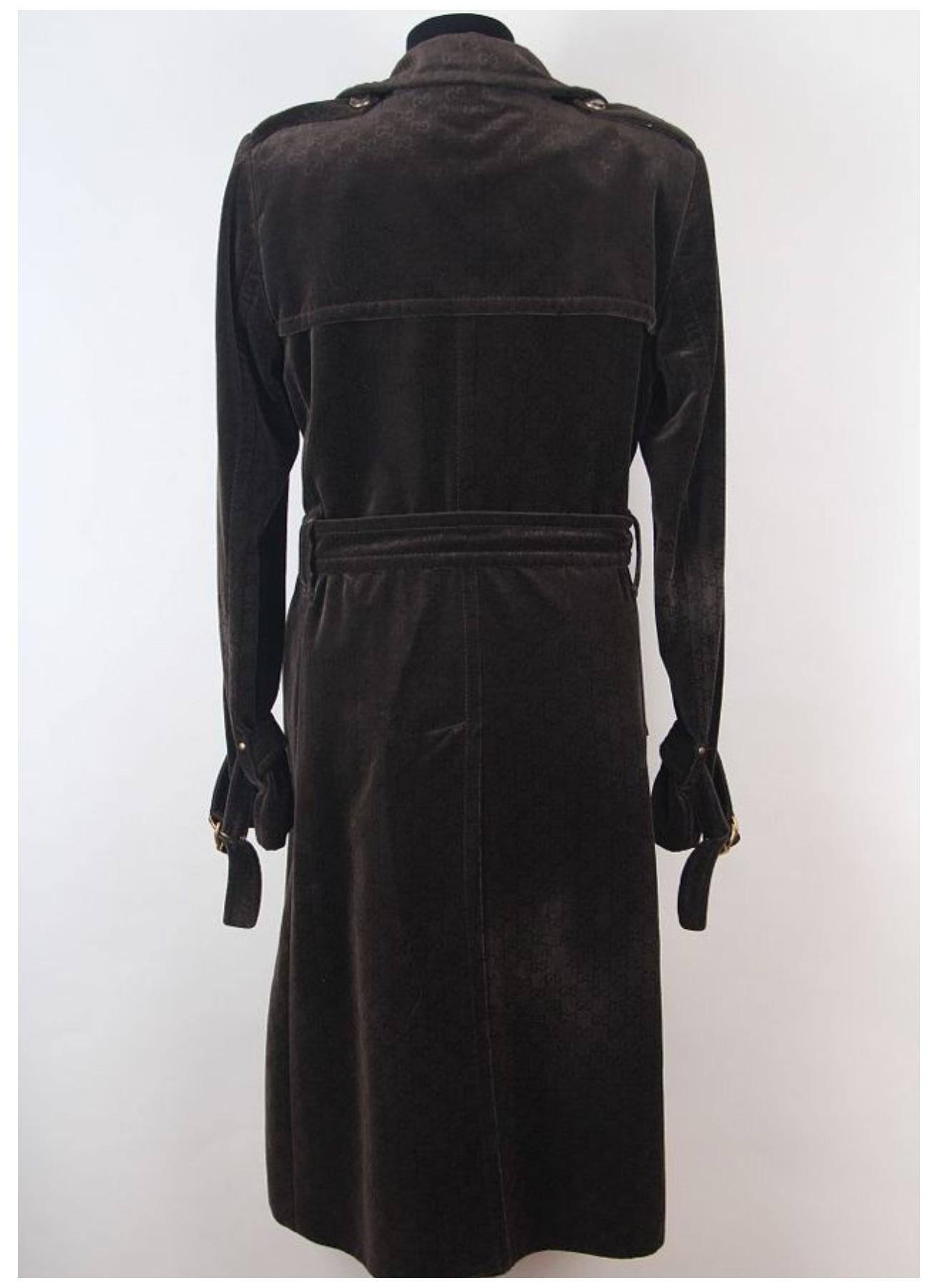 Black Gucci Brown Logo Monogram Velvet Belted Trench Coat