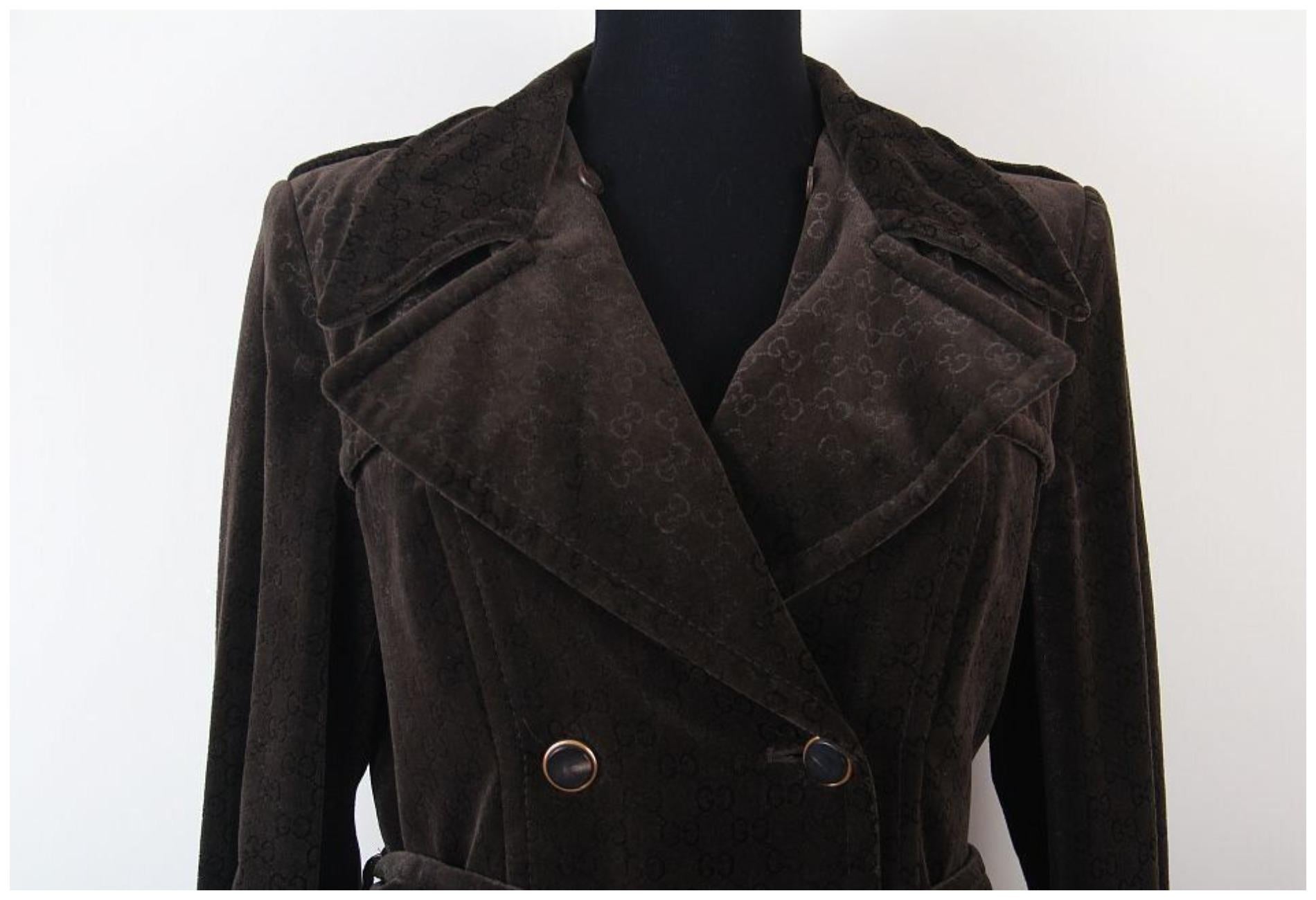 Women's Gucci Brown Logo Monogram Velvet Belted Trench Coat