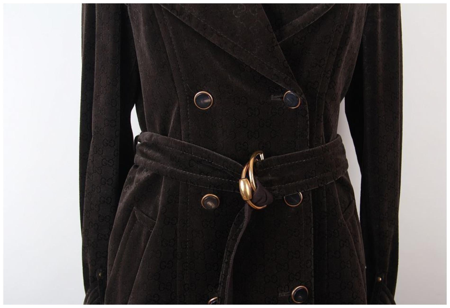 Gucci Brown Logo Monogram Velvet Belted Trench Coat 1