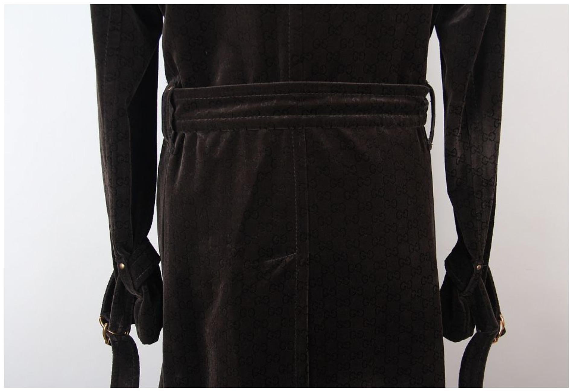 Gucci Brown Logo Monogram Velvet Belted Trench Coat 3