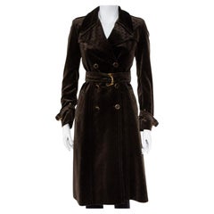 Gucci Brown Logo Monogram Velvet Belted Trench Coat