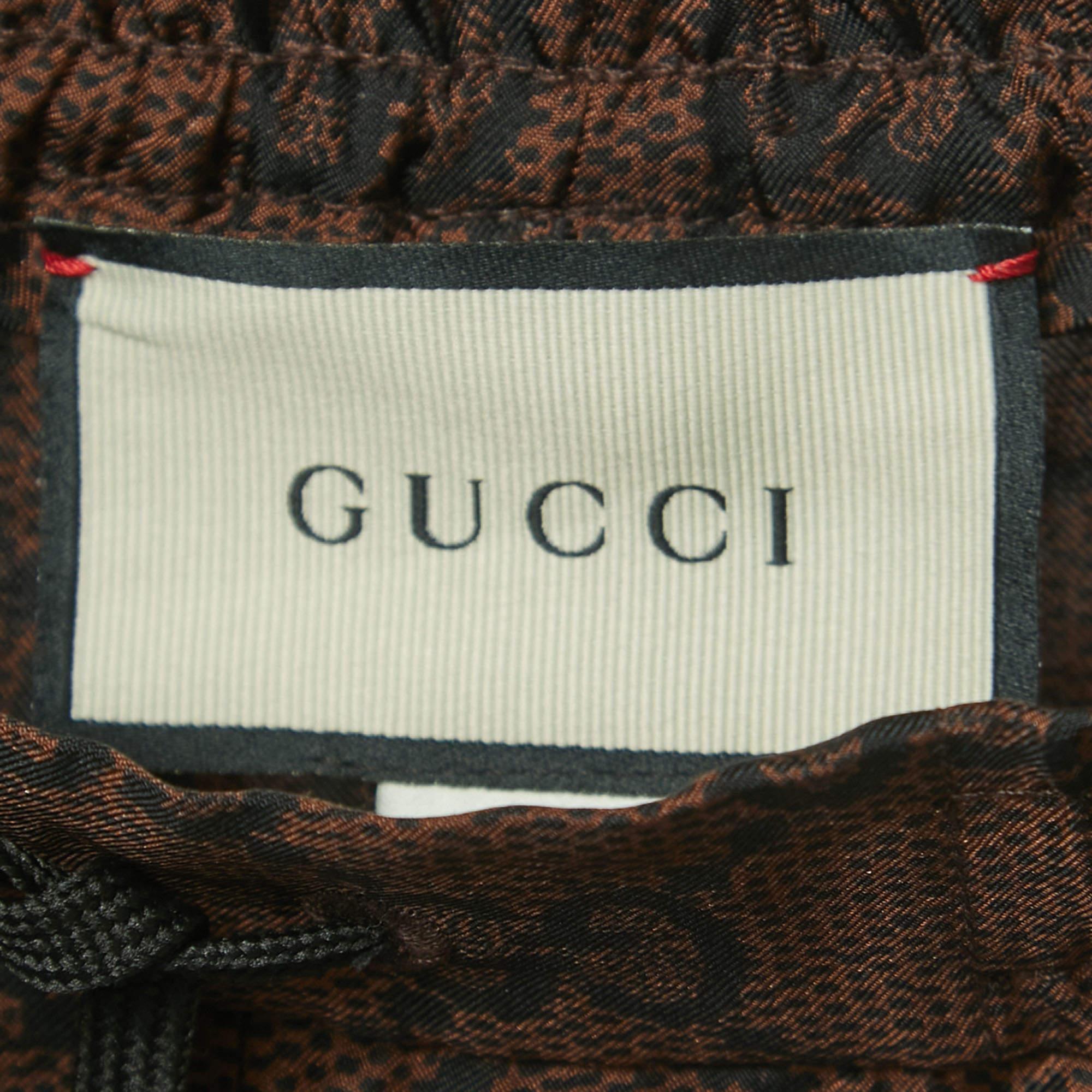 Gucci Brown Logo Print Silk Side Stripe Detailed Drawstring Joggers XS 1