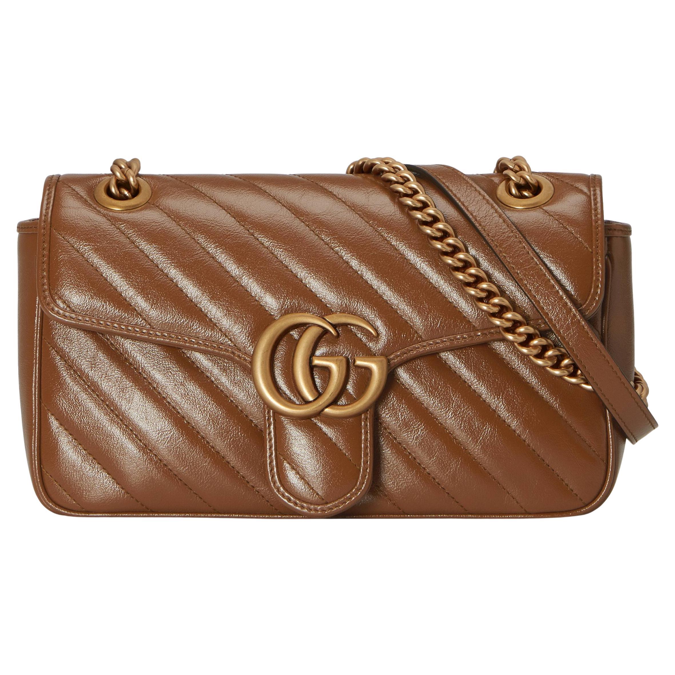 Gucci Brown Matelassé Leather GG Marmont Mini Top Handle Bag For Sale