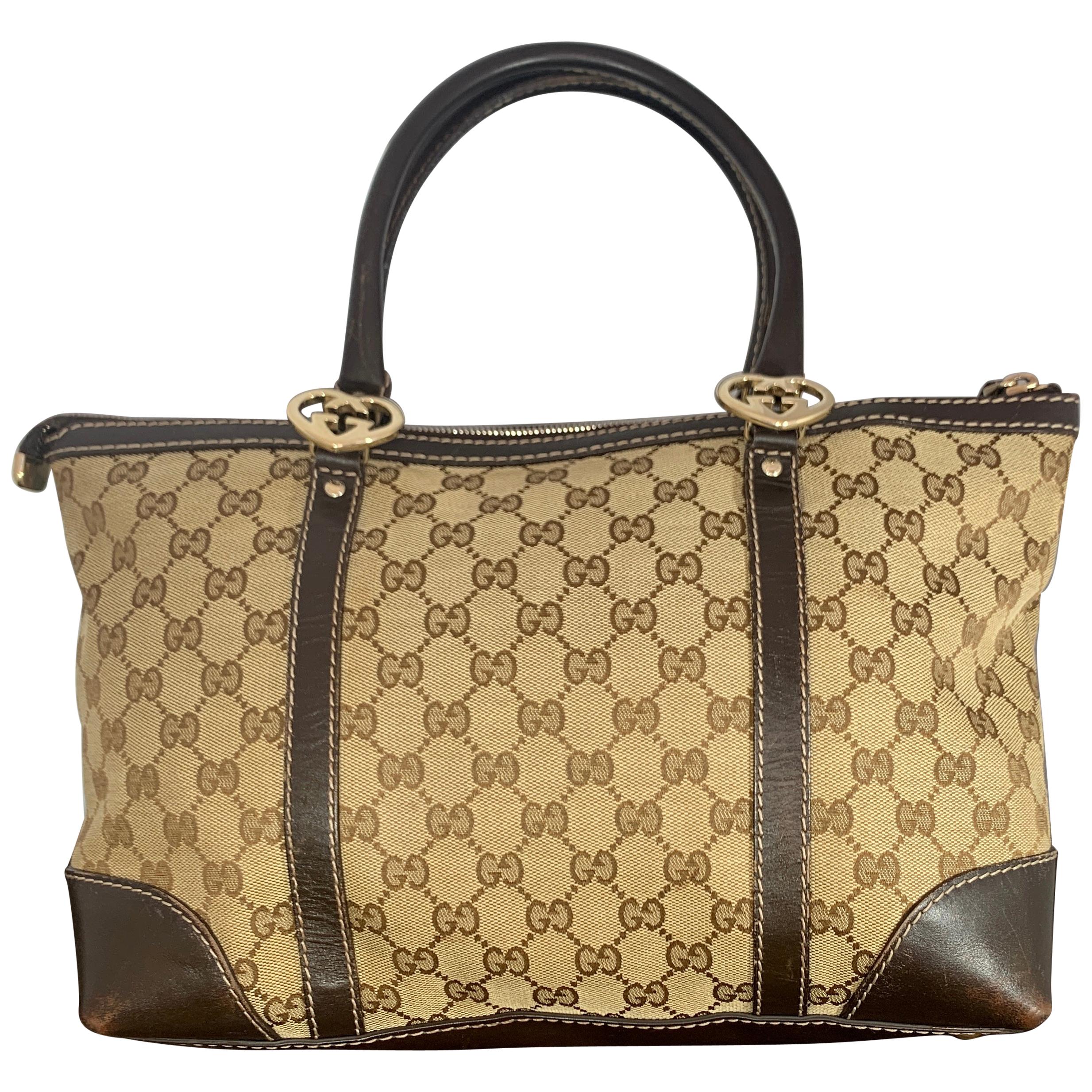 Beige and chocolate GG Monogram coated canvas Gucci vintage Boston bag For  Sale at 1stDibs