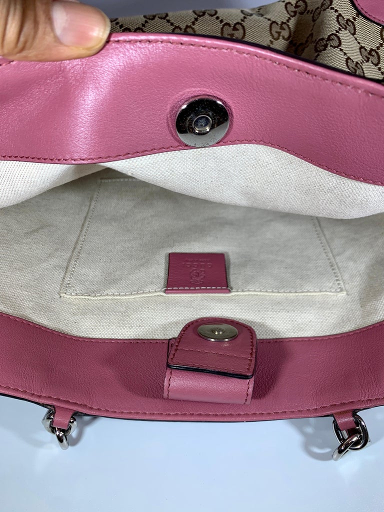 Gucci Brown Medium Pink Canvas GG Guccissima Bamboo Tote Handbag Purse ...