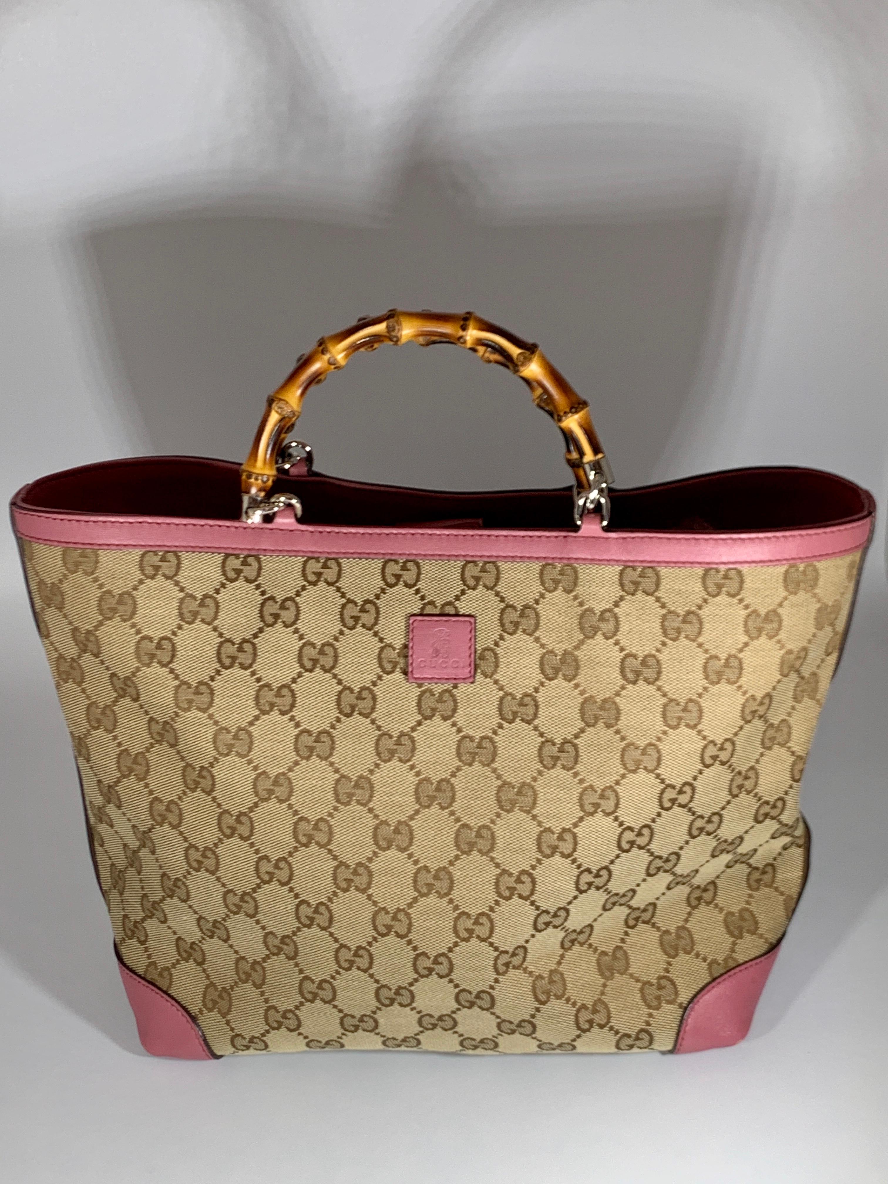 Gucci Brown Medium Pink Canvas GG  Guccissima Bamboo Tote Handbag Purse Kids  In Excellent Condition In New York, NY