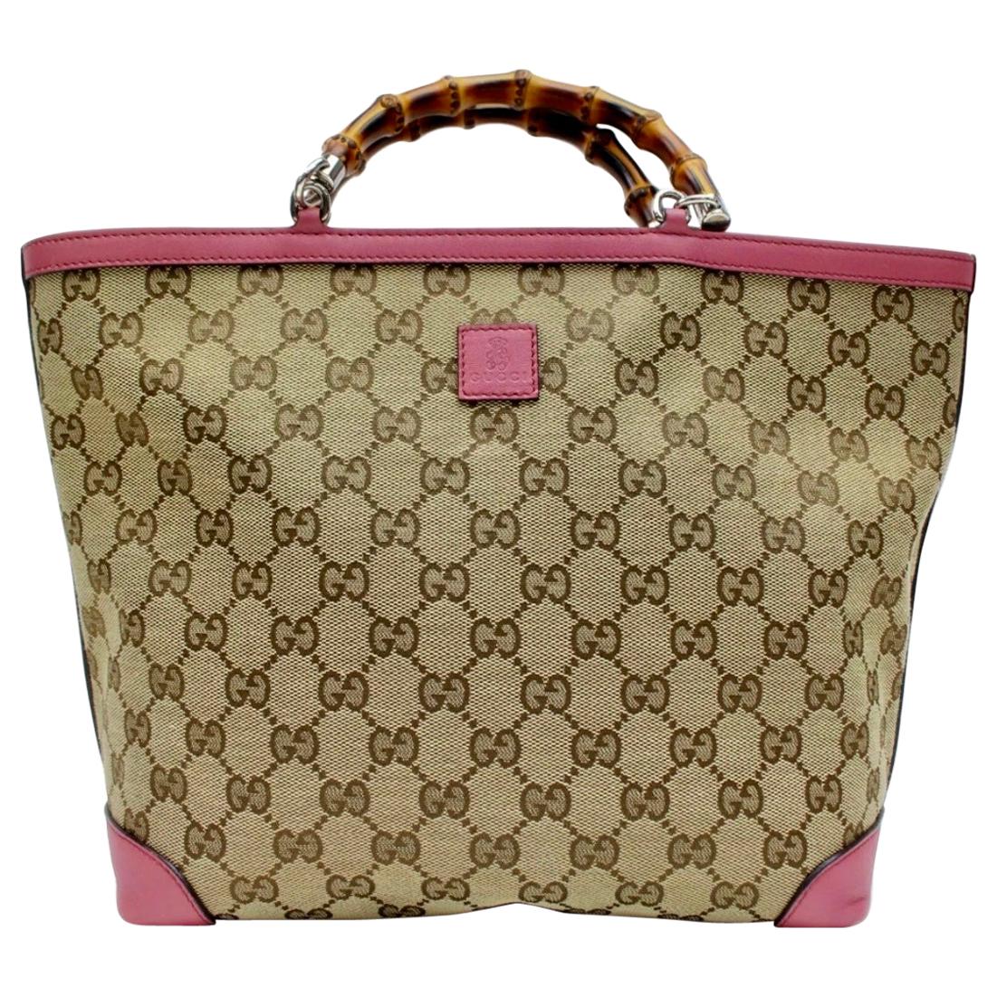 Gucci Brown Medium Pink Canvas GG  Guccissima Bamboo Tote Handbag Purse Kids 