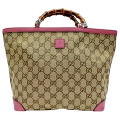 Gucci Brown Medium Pink Canvas GG  Guccissima Bamboo Tote Handbag Purse Kids