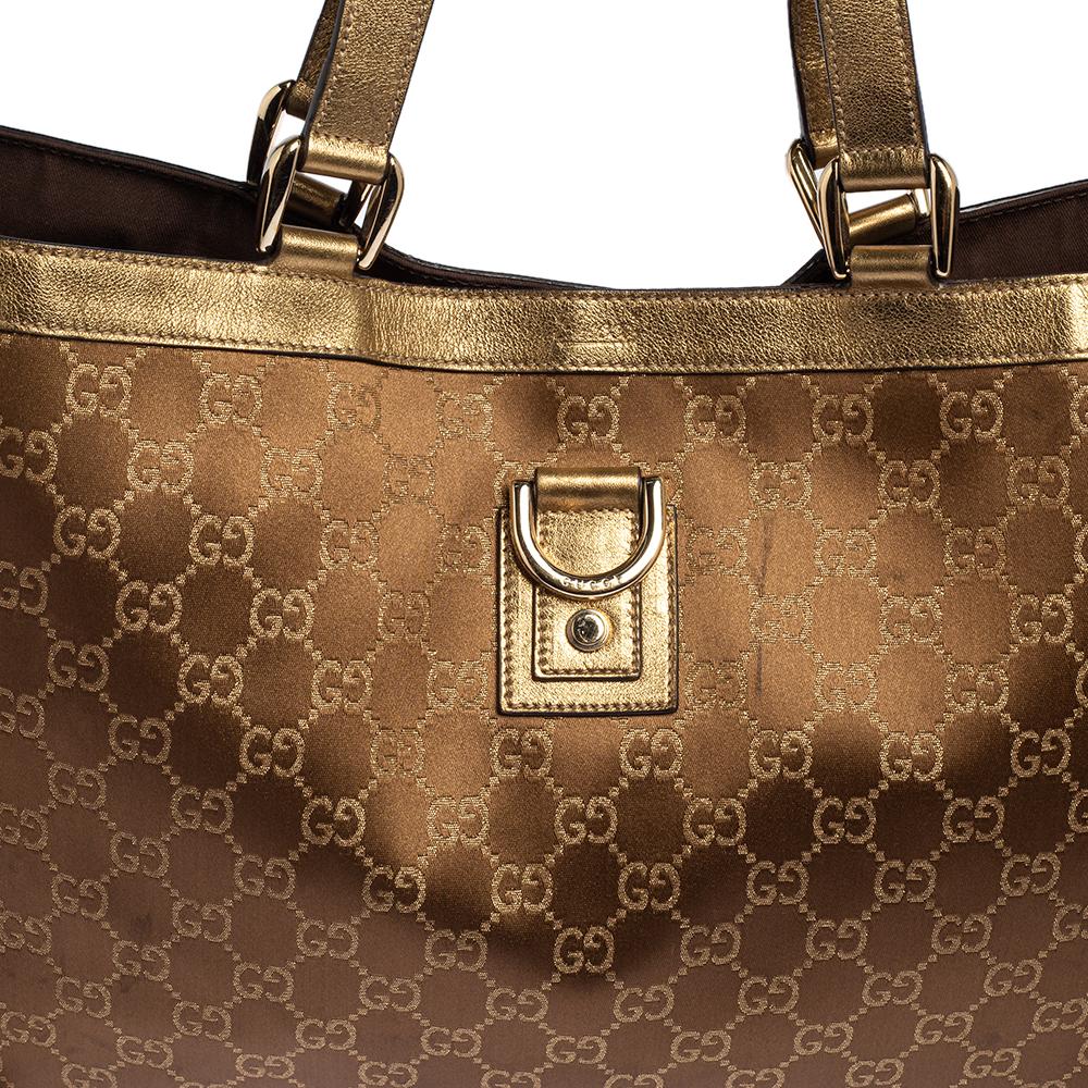 Gucci Braun/Metallic Gold GG Satin und Segeltuch Medium Abbey Tote Damen