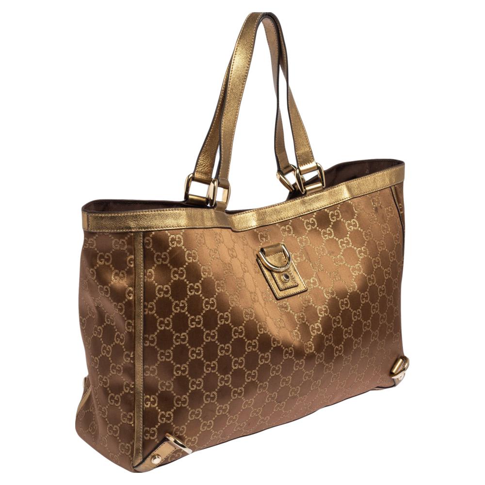 Gucci Braun/Metallic Gold GG Satin und Segeltuch Medium Abbey Tote 1
