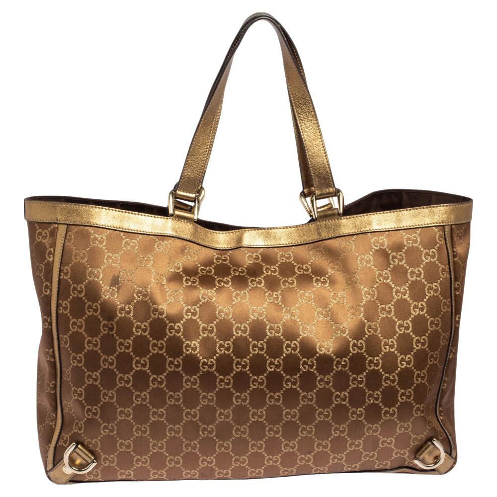 Gucci Braun/Metallic Gold GG Satin und Segeltuch Medium Abbey Tote 2
