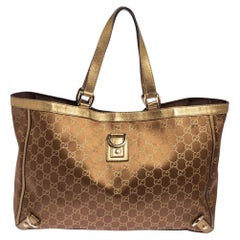 Gucci Brown/Metallic Gold GG Satin And Canvas Medium Abbey Tote