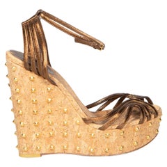 Gucci Brown Metallic Leather Stud Wedge Sandals Size IT 39