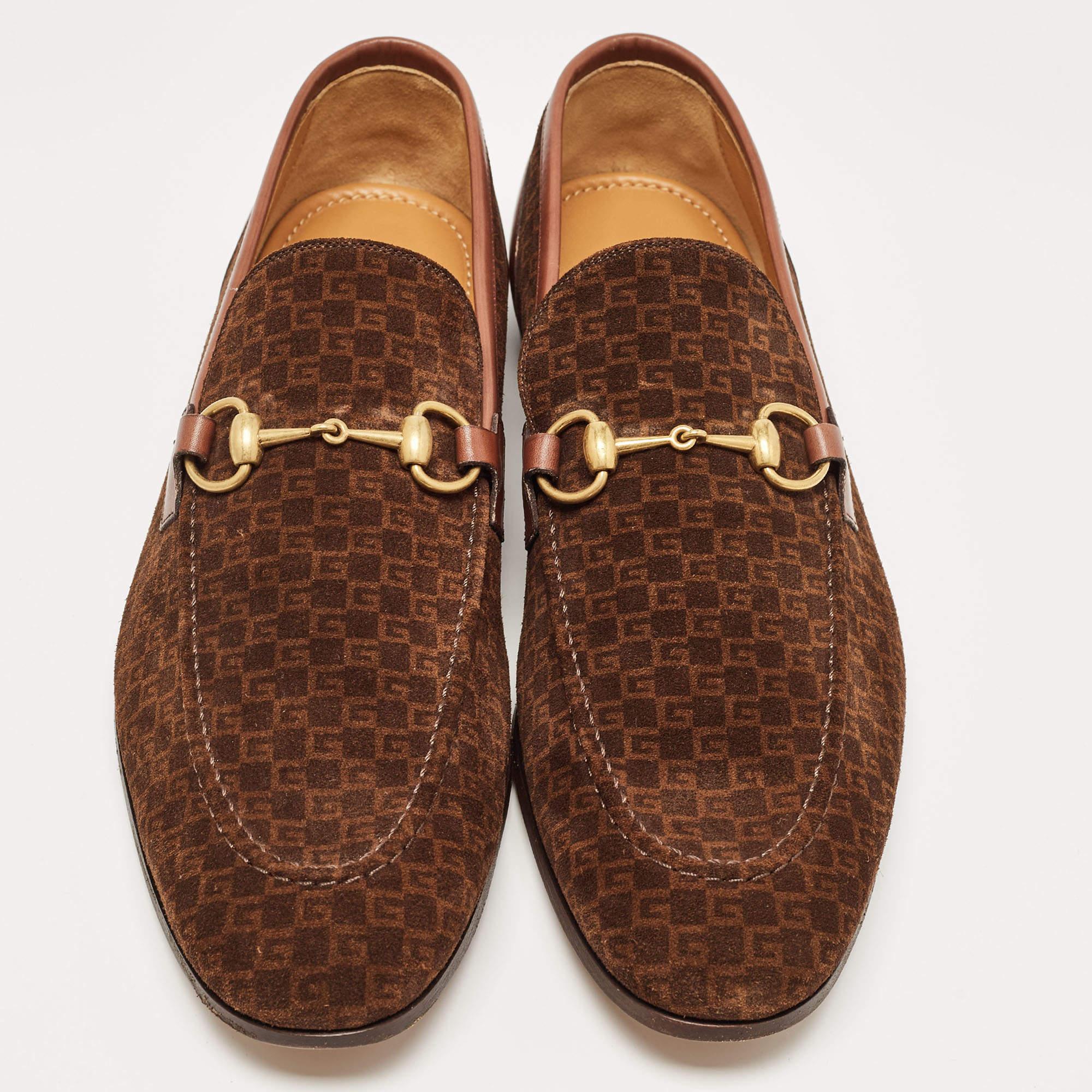 Gucci Brown Mini G Cube Suede Jordaan Loafers Size 44.5 For Sale 1