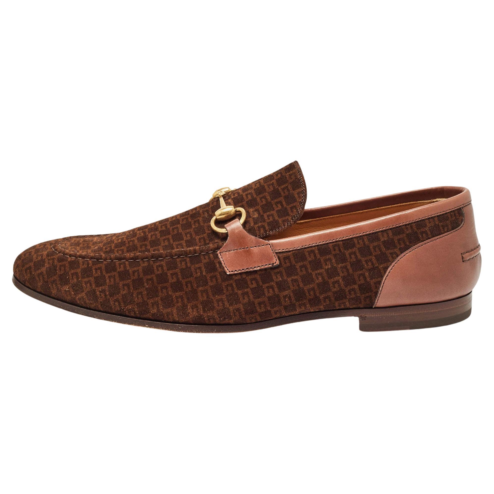 Gucci Brown Mini G Cube Suede Jordaan Loafers Size 44.5 For Sale