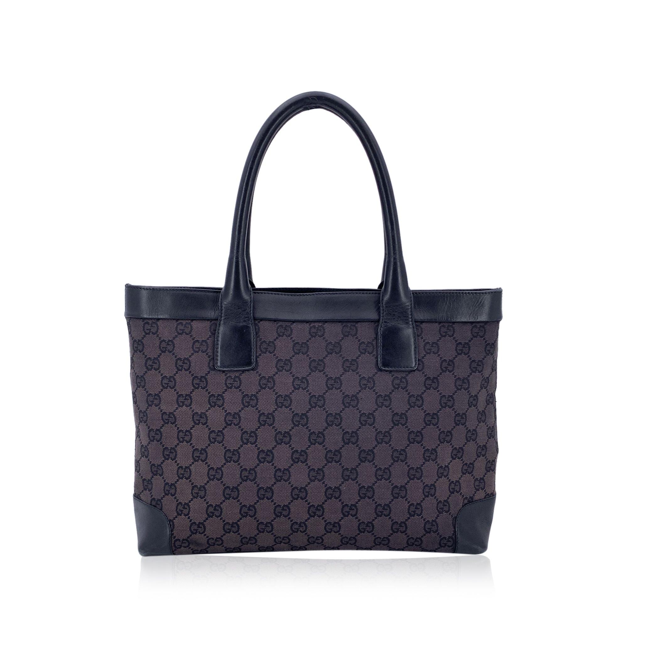 Black Gucci Brown Monogram Canvas and Leather Tote Shoulder Bag For Sale