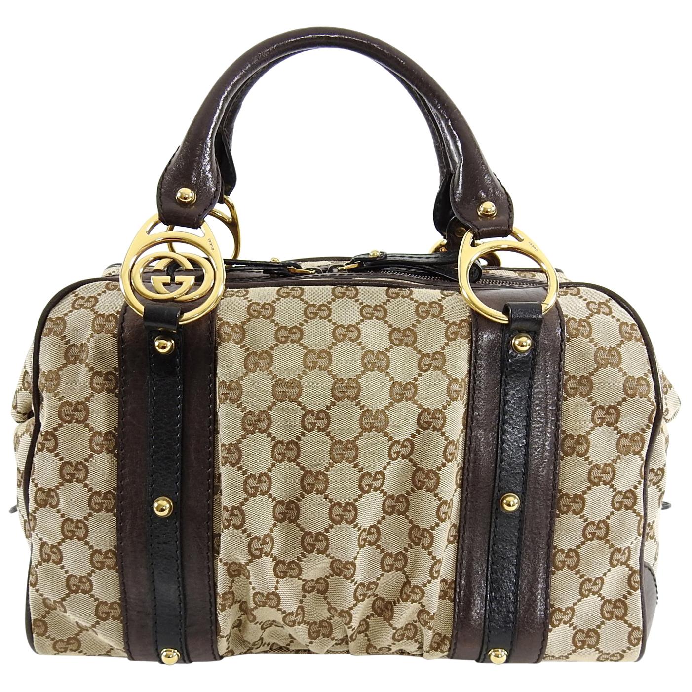Gucci Brown Monogram Canvas Boston Doctor Bag with Logo