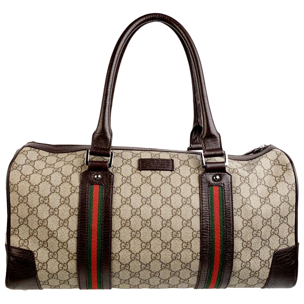 Gucci Brown Monogram Canvas Web Carry On Duffle Bag