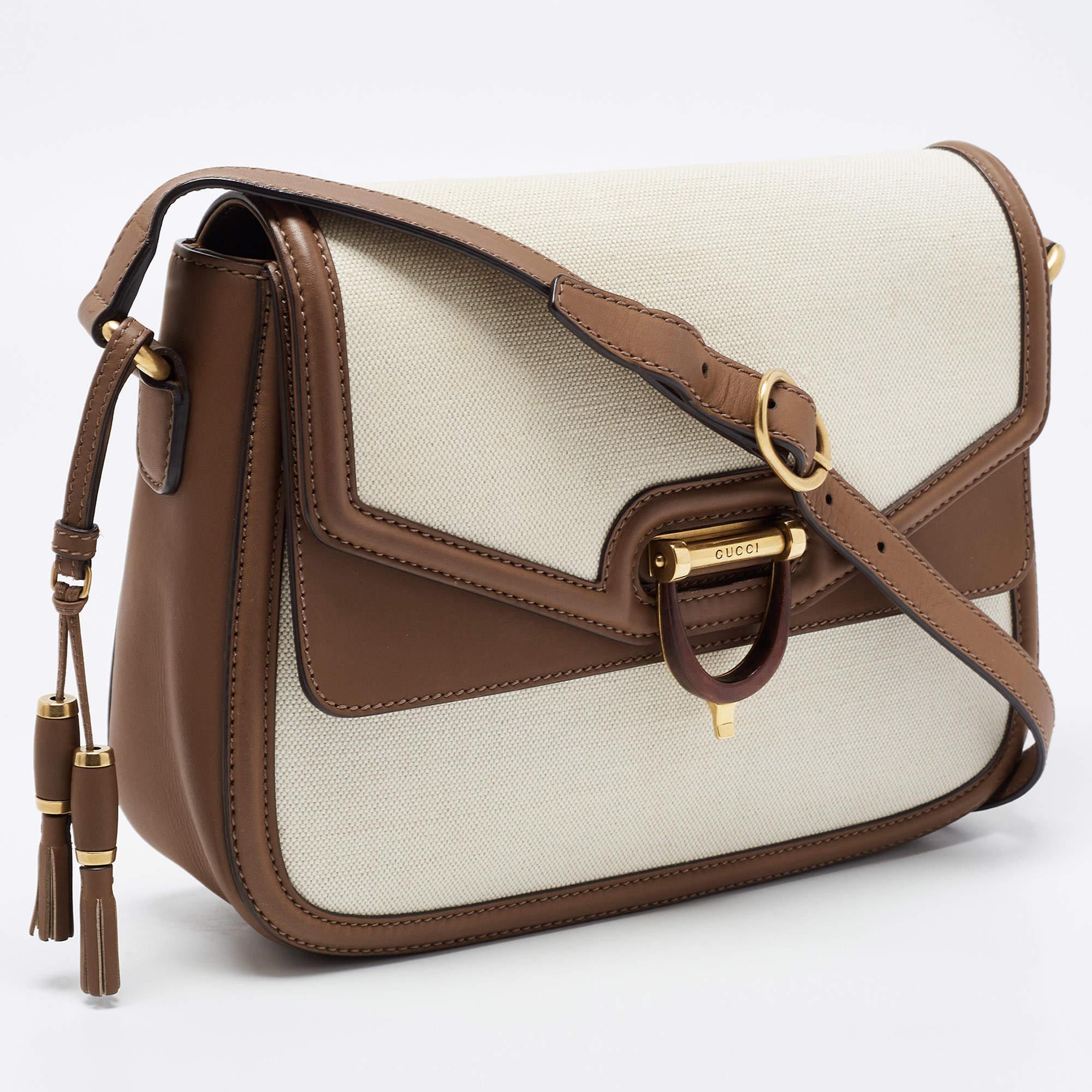 Women's Gucci Brown/Off White Canvas and Leather Derby Shoulder Bag
