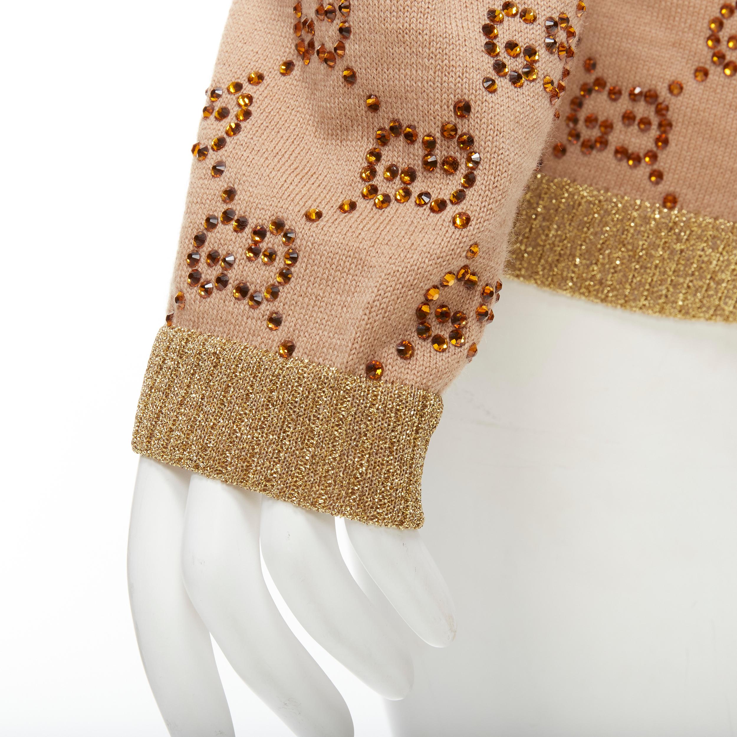GUCCI brown orange crystal rhinestone GG monogram gold lurex wool cardigan XS 2