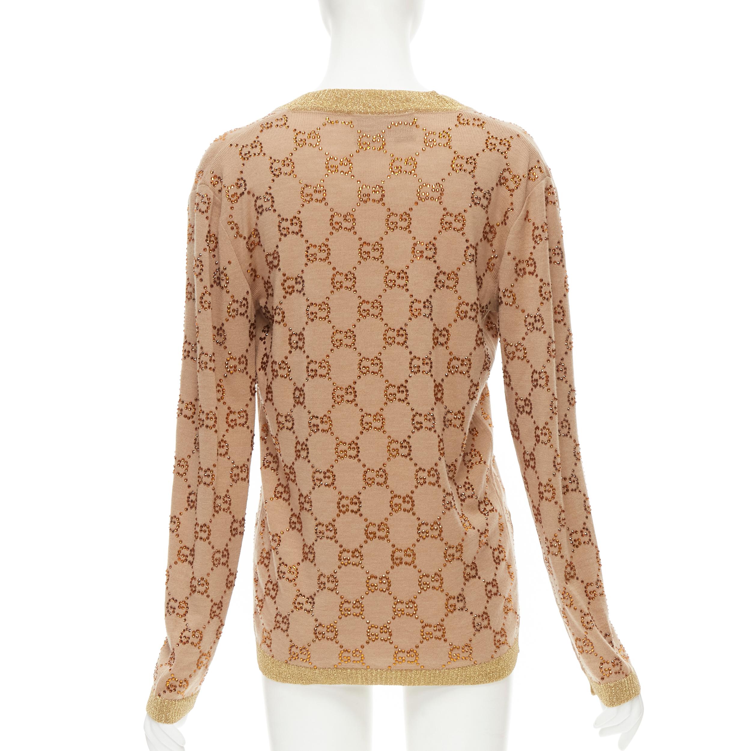Beige GUCCI brown orange crystal rhinestone GG monogram gold lurex wool cardigan XS