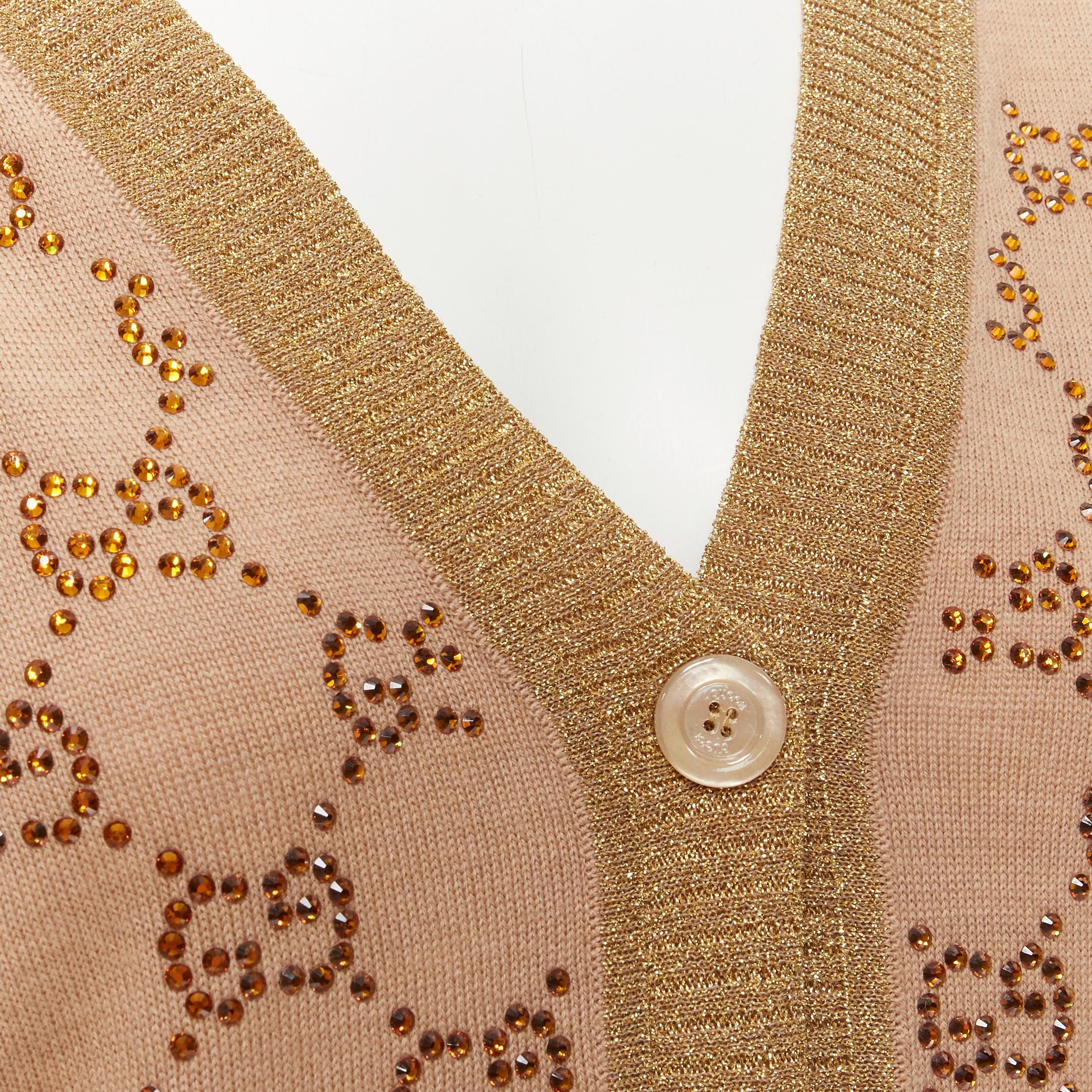 GUCCI brown orange crystal rhinestone GG monogram gold lurex wool cardigan XS In Excellent Condition In Hong Kong, NT