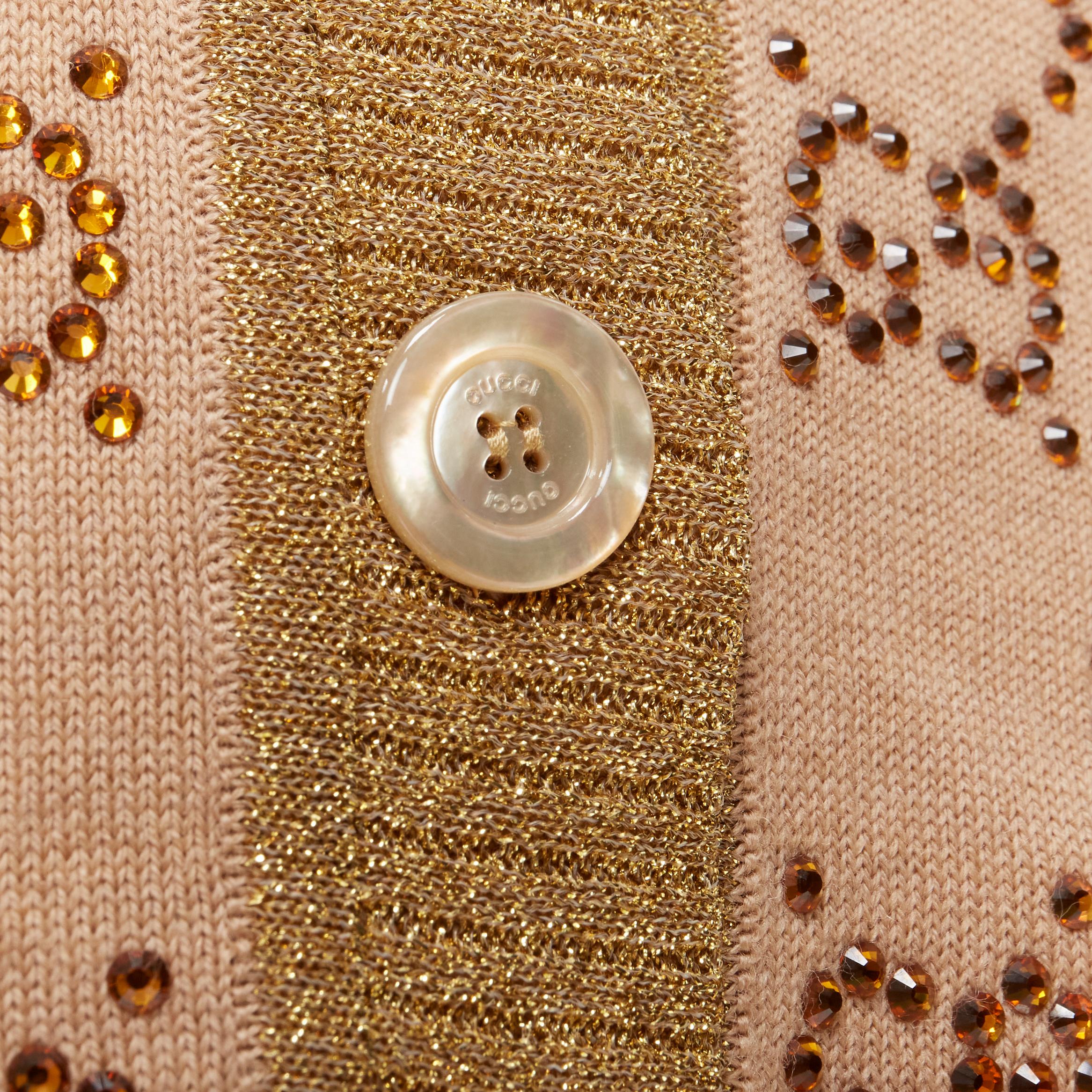 Women's GUCCI brown orange crystal rhinestone GG monogram gold lurex wool cardigan XS