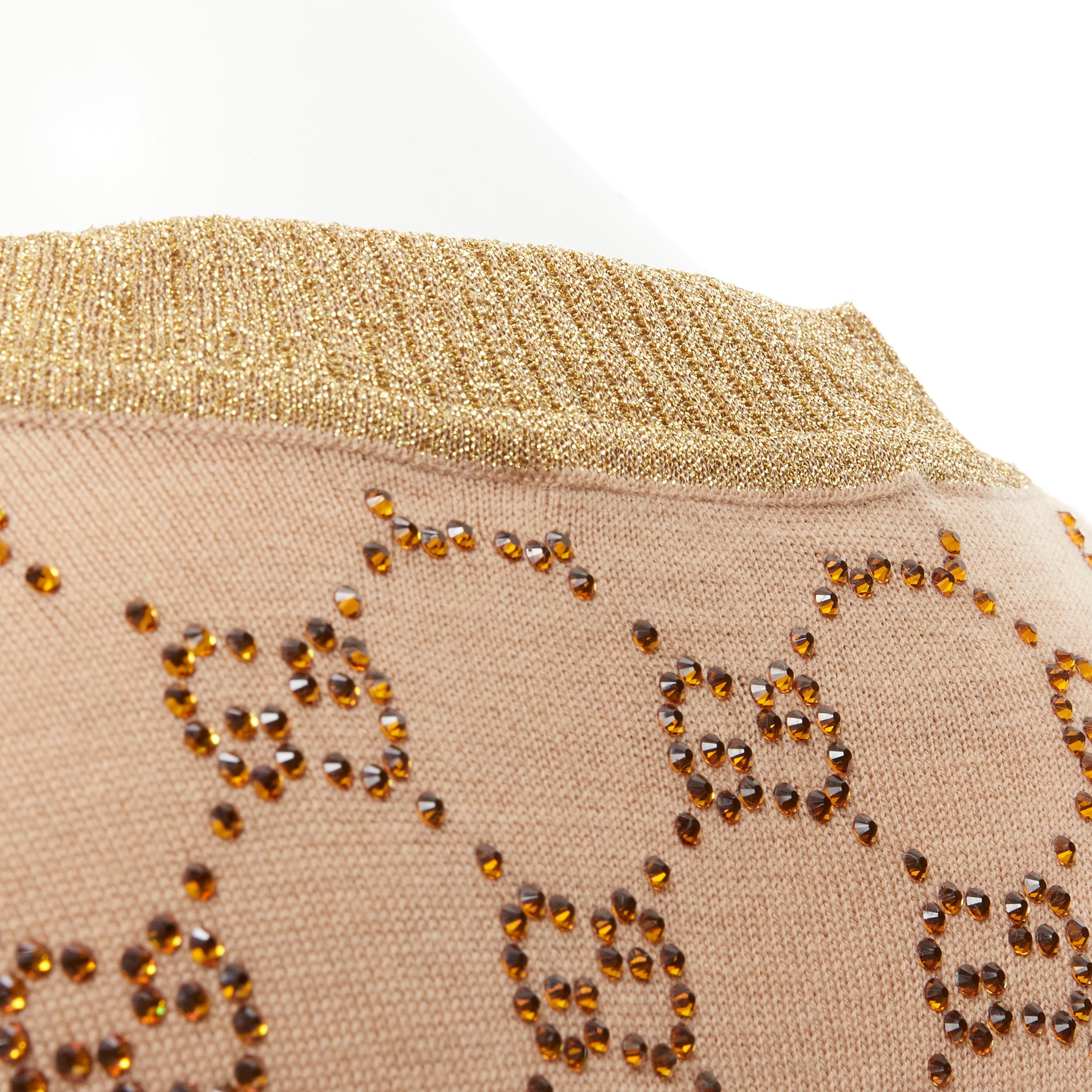 GUCCI brown orange crystal rhinestone GG monogram gold lurex wool cardigan XS 1